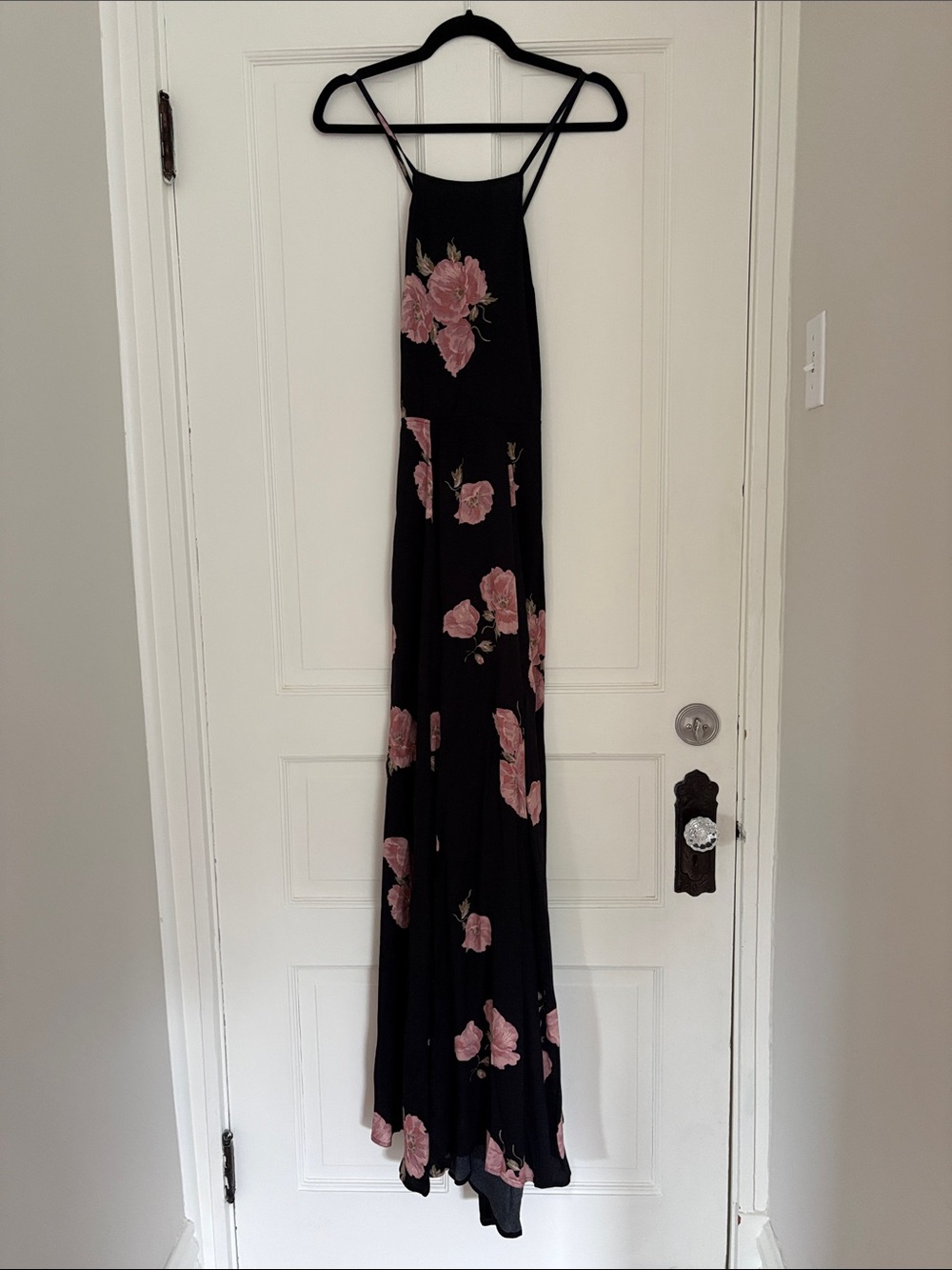 Reformation Black Maxi Dress with Pink Floral Print, open back